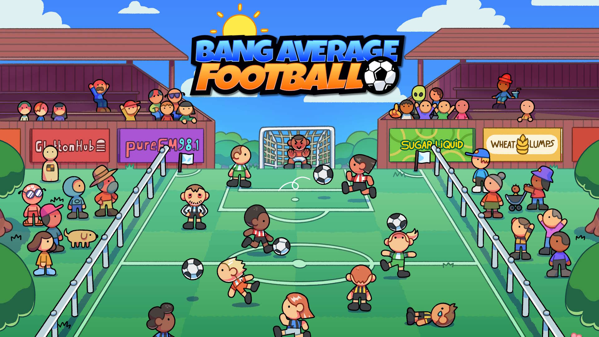 Key art for Bang Average Football, with many cartoon players running around a football field.